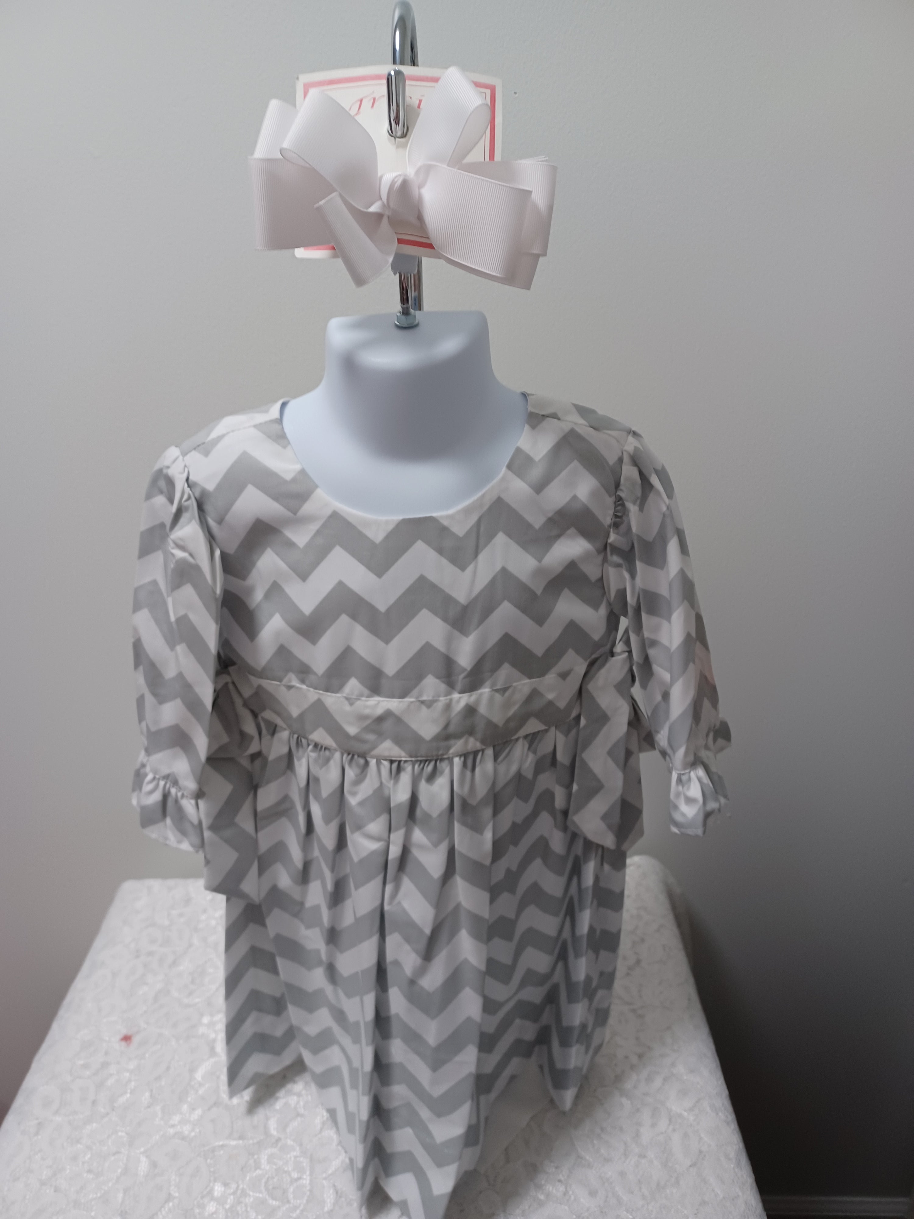 Grey and White Long Sleeve Dress